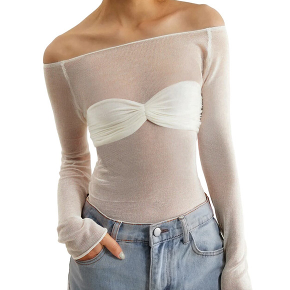 Commense Tops - Commense Off The Shoulder Mesh Sheer Long Sleeve Shirt White NWT Size Small
